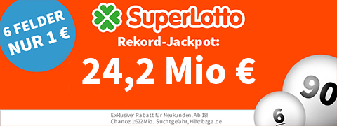 <b>36,5 Mio €</b> SuperLotto Jackpot mit 8€ Gutschein